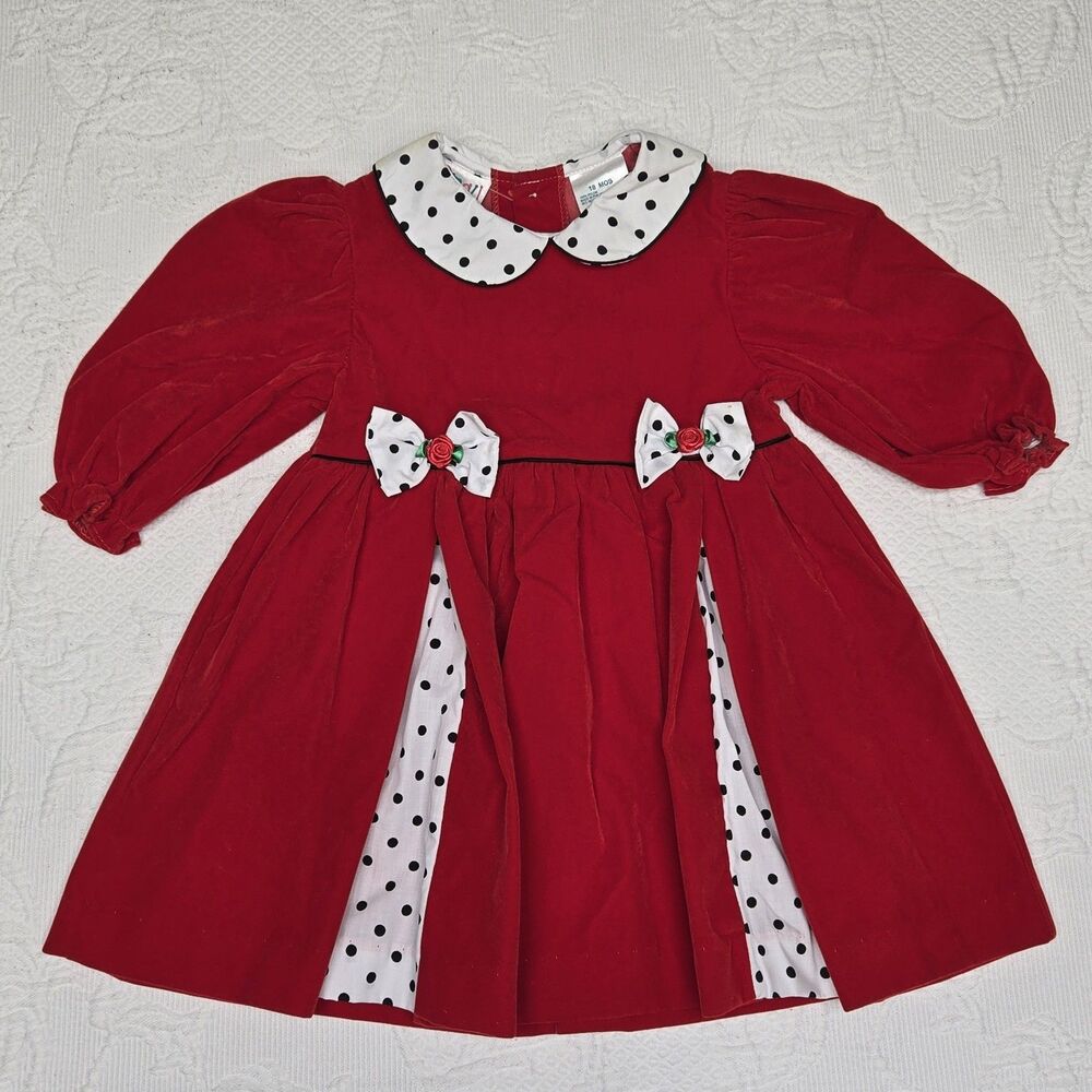 Small Steps Red Velvet Polkadot Bow 80s Party Baby Kid Dress 18 Months Christmas